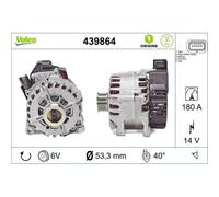 VALEO-439864-Alternador- Intensidad de carga del alternador: 210 Amp - Estrías: 6 estrías - Polea de correa: 53,3 mm - Tensión: 14 V - Sentido de rotación: CLOCKWISE