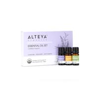 Alteya Organic Set de aceites esenciales Pure Indulgence - Orgánica certificada - Lavanda - Mandarina - Limoncillo - 3 botellas x 0.17 fl oz / 5 ml - Aceites esenciales puros + Base