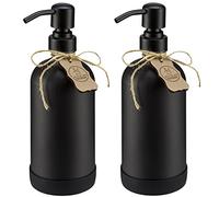 ALTGLAS Dispensador de Jabón 'Sarajevo' de Botella de Cristal Negro con Cabezal de Bomba de Acero INOX y Posavasos de Silicona (2 Piezas de 500 ml)