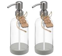 ALTGLAS Dispensador de Jabón 'Sarajevo' - Doble Dispensador de Ducha Hecho de Botella de Vidrio Transparente con Posavasos de Silicona y Cabezal de Bomba en Plata Cepillada (2 Piezas a 500 ml)