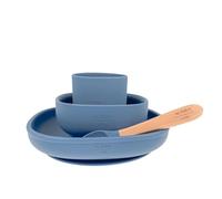 Althea Living - Stoviglie in silicone biologico - 4 pezzi - Piatto quadrato e ciotola con ventosa, bicchiere da apprendimento e cucchiaio con manico in bambù (Blu marino)