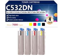 Alto Rendimiento C532DN Cartuchos de Tóner Compatibles para Oki C532dn C542dn MC573dn MC563dn Impresoras, 7000 Páginas,BCMY-1 Pack