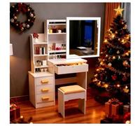 Altsuceser Mesa de tocador de maquillaje con espejo iluminado deslizante, escritorio de tocador de dormitorio con luces LED ajustables de 3 colores, cajones y estantes abiertos, tocador pequeño