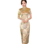Altsuceser Vestido Cheongsam con cuello mandarín para mujer, estampado de dragón fénix, vestido chino tradicional dividido Qipao, vestido de novia dorado, talla M