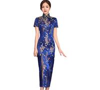 Altsuceser Vestido Cheongsam con cuello mandarín para mujer, estampado de dragón fénix, vestido chino tradicional dividido Qipao, vestido de novia azul oscuro, talla XL