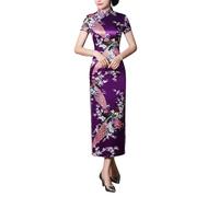 Altsuceser Vestido tradicional Qipao de manga corta Cheongsam con estampado floral para mujer, cuello alto, abertura lateral, botones de nudo chino, ajuste delgado, Qipao, Morado (, L