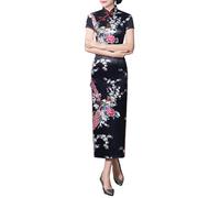 Altsuceser Vestido tradicional Qipao de manga corta Cheongsam con estampado floral para mujer, cuello alto, abertura lateral, botones de nudo chino, ajuste delgado, Qipao, Negro, XXXXL