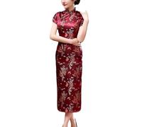 Altsuceser Vestido tradicional Qipao de manga corta Cheongsam con estampado floral para mujer, cuello mandarín, abertura lateral alta, botones de nudo chino, Rojo Púrpura, L