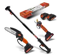 Altuna Kit de Poda a Batería de Titanio - Motosierra a Batería + Tijeras de Podar Eléctricas + Pértiga Telescópica para Poda en Altura hasta 3,7 Metros - Incluye 2 Baterías - con Cargador y Gafas
