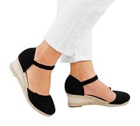 Alueeu Sandalias Mujer Verano 2023 Cuña Comodas Alpargatas Zapatos Casual Hebilla Fiesta Clásica Elegantes con Pala Cerrada Exterior Forrada de Yute Romano Sandalias de Playa, 06 Negro, 36 EU