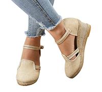 Alueeu Sandalias Mujer Verano 2023 Cuña Comodas Alpargatas Zapatos Casual Hebilla Fiesta Clásica Elegantes con Pala Cerrada Exterior Forrada de Yute Romano Sandalias de Playa, 03 Beige, 41 EU