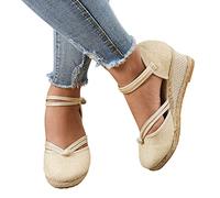 Alueeu Sandalias Mujer Verano 2023 Cuña Comodas Alpargatas Zapatos Casual Hebilla Fiesta Clásica Elegantes con Pala Cerrada Exterior Forrada de Yute Romano Sandalias de Playa, 05 Beige, 39 EU