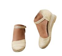 Alueeu Sandalias Mujer Verano 2023 Cuña Comodas Alpargatas Zapatos Casual Hebilla Fiesta Clásica Elegantes con Pala Cerrada Exterior Forrada de Yute Romano Sandalias de Playa, 02 Beige, 39 EU