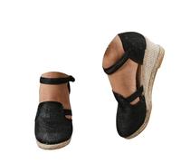 Alueeu Sandalias Mujer Verano 2023 Cuña Comodas Alpargatas Zapatos Casual Hebilla Fiesta Clásica Elegantes con Pala Cerrada Exterior Forrada de Yute Romano Sandalias de Playa, 03 Negro, 38 EU