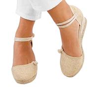 Alueeu Sandalias Mujer Verano 2023 Cuña Comodas Alpargatas Zapatos Casual Hebilla Fiesta Clásica Elegantes Sandalias con Pala Cerrada Exterior Forrada de Yute Romano Sandalias de Playa, 06 Beige, 39