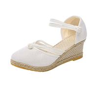 Alueeu Sandalias Mujer Verano 2023 Cuña Comodas Alpargatas Zapatos Casual Hebilla Fiesta Clásica Elegantes con Pala Cerrada Exterior Forrada de Yute Romano Sandalias de Playa, 05 Blanco, 40 EU