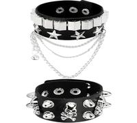 ALUNME Juego de 3 pulseras de cuero gótico punk, brazaletes con tachuelas, negro y plateado, diseño de una sola capa, doble/triple, talla única, Cuero sintético Metal, No es una piedra preciosa