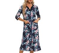 Alunsito Bata de Casa Informal para Mujer con Cremallera Frontal Estampado Manga 3/4 Ropa de Dormir Larga Cuello en V con Bolsillos Azul XXL