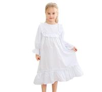 Alunsito Camisón de princesa de algodón para niñas y niños ropa de dormir con volantes camisón de manga larga para niños pequeños camisón de otoño e invierno 140 blanco 8-9 años