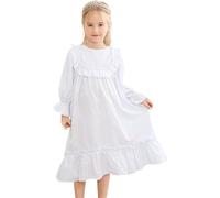 Alunsito Camisones para niñas pequeñas Princesa suave Manga larga Cuello redondo Manga larga Vintage Volantes Encaje Ropa de dormir Camisón 130 Blanco 7-8 años
