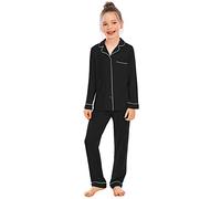 Alunsito Set di Pantaloni in Cotone per Bambina e Ragazzo a Maniche Lunghe con risvolto + Pantaloni lunghi 2 pezzi Pigiama Autunno Inverno Set di indumenti da Notte solidi 160 Nero 13-14 Anni