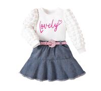 Alunsito Trajes de blusa de manga abullonada de malla transparente para bebés y niñas pequeñas + falda plisada de mezclilla de corte A con cinturón de lentejuelas, minivestido blanco de 5 a 6 años