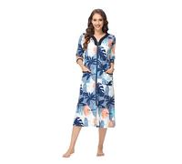 Alunsito Vestido para Mujer Zip Frontal House Coat 3/4 Sleeve Nightgown Floral Sleepwear Ladies Full Length Lounge Dress with Pockets, Gris, XXL