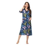Alunsito Vestido para Mujer Zip Frontal House Coat 3/4 Sleeve Nightgown Floral Sleepwear Ladies Full Length Lounge Dress with Pockets, Azul Marino, XL