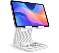 Alupedia FlexiDock Pro - Soporte para tablet con estante, altura ajustable para iPad y smartphone, de plástico resistente, soporte ergonómico de mesa para oficina, cocina y oficina en casa, color
