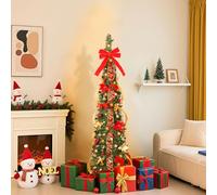 Alupssuc 150 cm Arbol de Navidad Plegable con Luces Incorporadas, árbol de Navidad Desplegable con 80 Luces Blancas Cálidas y Multicolores, 9 Modos de Luz, con Adornos Bbolas de Navidad,Lazos y Flores
