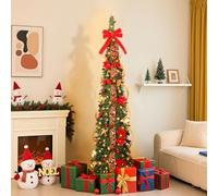 Alupssuc 180 cm Arbol de Navidad Plegable con Luces Incorporadas, árbol de Navidad Desplegable con 100 Luces Blancas Cálidas y Multicolores,9 Modos de Luz, con Adornos Bbolas de Navidad,Lazos y Flores