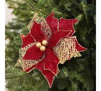 Alupssuc 20 Piezas, 9 Pulgadas de Florida Artificiales, Brillante para el árbol de Navidad, decoración de Flores para/Año Nuevo/Fiesta, Rojo-Oro