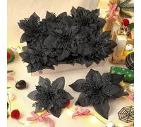 Alupssuc 24 Piezas Flores Artificiales de Navidad para Decoración de Bodas, Árboles de Navidad, Año Nuevo, con Clip y Palo,Negro
