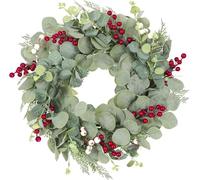 Alupssuc Corona de Eucalipto para Puerta Delantera,51 cm, Corona de Primavera Verano para Todo el Año, Bayas Rojas, Decoración de Corona de Puerta para Exterior,Interior, Boda,Chimenea,Verde