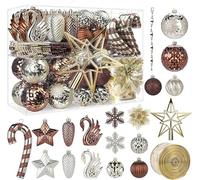 Alupssuc Juego de 128 Adornos Navideños, Bolas Irrompibles para Decoración de árbol de Navidad, Flores de Navidad, Cinta, Adorno para árbol de Navidad, Fiesta de Boda con Ganchos, Marrón & Oro