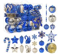 Alupssuc Juego de 128 Adornos Navideños, Bolas Irrompibles para Decoración de árbol de Navidad, Flores de Navidad, Cinta, Adorno para árbol de Navidad, Fiesta de Boda con Ganchos, Azul&Dorado