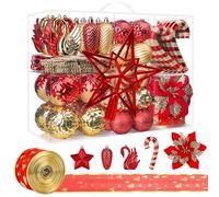 Alupssuc Juego de 128 Adornos Navideños, Bolas Irrompibles para Decoración de árbol de Navidad, Flores de Navidad, Cinta, Adorno para árbol de Navidad, Fiesta de Boda con Ganchos, Rojo & Dorado