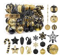 Alupssuc Juego de 128 Adornos Navideños, Bolas Irrompibles para Decoración de árbol de Navidad, Flores de Navidad, Cinta, Adorno para árbol de Navidad, Fiesta de Boda con Ganchos, Negro& Dorado