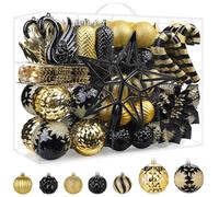 Alupssuc Juego de 128 Bolas Navideñas Irrompibles, 2025 Nuevo Bolas y Flores Decorativas, Adornos para árbol de Navidad, Fiesta de Boda con Ganchos, Negro & Oro