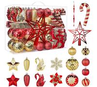 Alupssuc Juego de 128 Bolas Navideñas Irrompibles, 2025 Nuevo Bolas y Flores Decorativas, Adornos para árbol de Navidad, Fiesta de Boda con Ganchos, Rojo & Oro