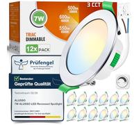 ALUSSO 3CCT 7W 600LM Downlight LED Techo Empotrable Regulable IP44, Pack 12 | 3000K/4000K/6500K Focos LED Interior Techo Empotrado Corte Ø67-75mm, Ojos de Buey LED para Techo Baño Salón, Redonda Blanco