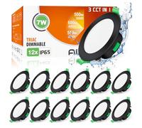 ALUSSO Downlight LED Techo Empotrable Negro Regulable, 7W 600LM IP65 3000K 4000K 6500K Focos LED Interior Techo Empotrado, Ultradelgado 29mm, φ67-75mm, Ojos de Buey Baño Salón, 12 Pack