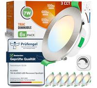 ALUSSO Downlight LED Techo Empotrable Regulable, 7W 600LM IP44 3000K 4000K 6500K Focos LED Interior Techo Empotrado, φ67-75mm, Ojos de Buey Baño Salón, Níquel Cepillado, 6 Pack