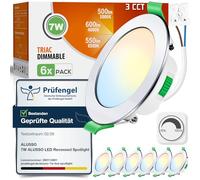 ALUSSO Downlight LED Techo Empotrable Regulable, 7W IP44 3000K 4000K 6500K Focos LED Interior Techo Empotrado, Ultradelgado 29mm, φ67-75mm, Ojos de Buey Baño Salón, Cromo, 6 Pack