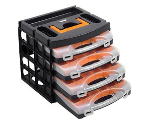 ALUTEC Maletín de compartimentos (maletín para piezas pequeñas con 4 cajas profesionales de 300 compartimentos, diseño compacto, ideal para tornillos / tuercas / arandelas) 56100