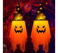 Aluusy Decoración Halloween Fantasma, 2pcs LED Fantasmas Colgantes Halloween Decoración, LED Luces Colgante con Sombrero de bruja para Casa Jardín Techo, Adornos Exterior/Interior Disfraces 105×35.5cm