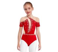 Alvivi Body Brillante de Baile para Niña Leotardo Gimnasia de Manga Corta Detalle con Pedrería y Paneles de Malla Body de Patinaje Artístico 5-16 Años Rojo 5-6 años