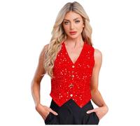 Alvivi Chaleco Brillante para Mujer Chaqueta de Traje de sin Mangas Blazer Vestir de Elegante para Fiesta de Noche Nightclub Animación S-XXL Rojo XL