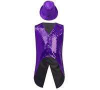 Alvivi Chaqueta sin Mangas de Brillante para Niños 6-16 Años Chaleco Lentejuelas de Esmoquin con Sombrero Disfraces para Danza Jazz y Actuaciones Festivales Morado 13-14 años