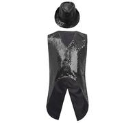 Alvivi Chaqueta sin Mangas de Brillante para Niños 6-16 Años Chaleco Lentejuelas de Esmoquin con Sombrero Disfraces para Danza Jazz y Actuaciones Festivales Negro 13-14 años